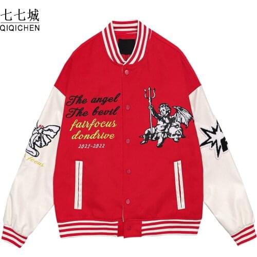 Angel Embroidery Baseball Jacket Men Autumn Street Fashion Hip Hop Harajuku Bomber Varsity Jackets Man Women Streetwear 2021