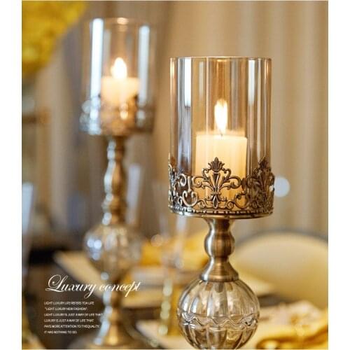 Retro Metal Carved Pillar Luxury Candle Holder Home Wedding Decoration Gold Plated Iron Glass Candlestick