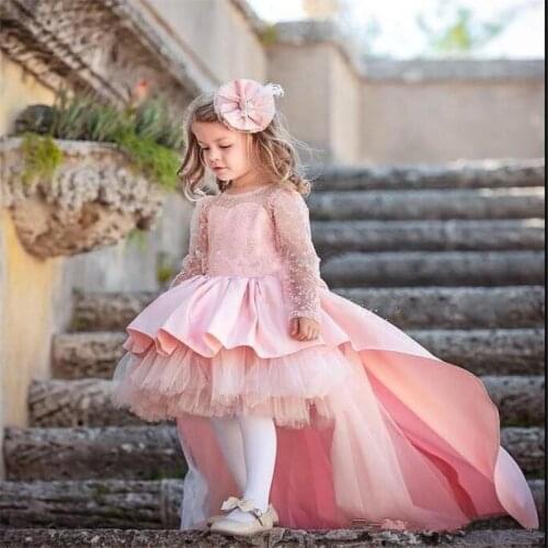 High Low Pink Cute Flower Girls Dresses For Wedding Long Sleeves Birthday Party Gowns With Big Bow Custom Made Girl Dresses