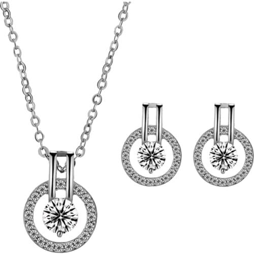 Trendy Round Jewelry Set For Women Lady Simple Zircon Rose White Gold Color Necklace+ Earrings Fashion Jewelry KBS303