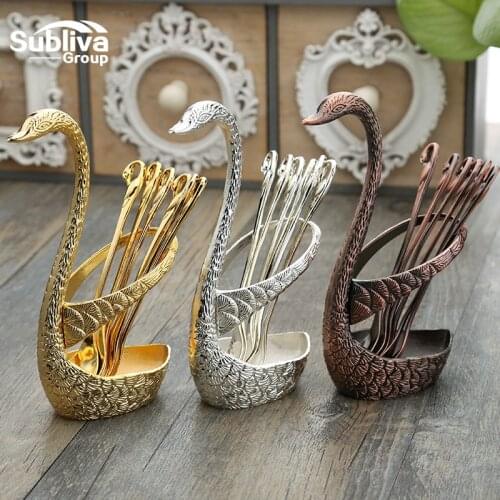 Swan Base Holder Fruit Forks Set Stainless Steel Salad Dessert Forks Spoon Coffee Cake Tools Tableware