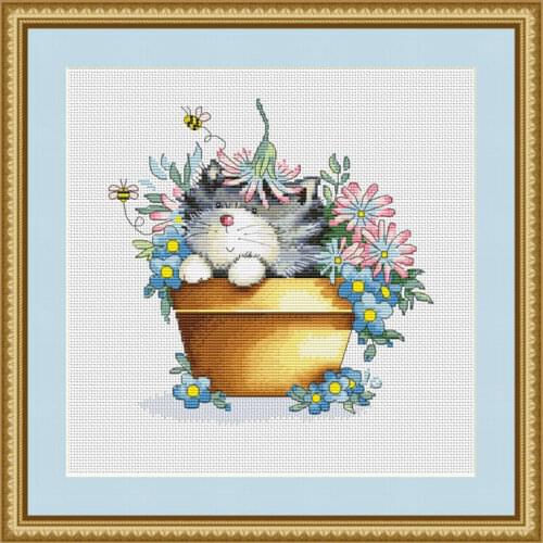 Fishxx Cross Stitch Kit A3283 The Small Milk Cat In The Flowerpot, Precision Printing, Home Pet Picture Embroidery
