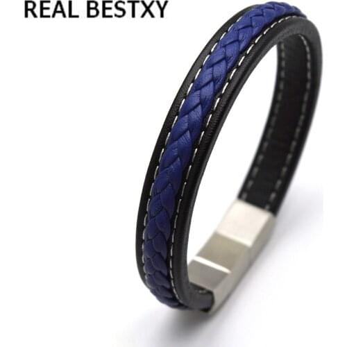 REAL BESTXY 2018 Men Jewelry Punk Black Braided Geunine Leather Bracelet Stainless Steel Magnetic Buckle Fashion Bangles