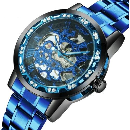 Official Blue Watch Men Classic Skeleton Mechanical Watches Stainless Steel Strap Fashion Casual Wristwatch Male Clock