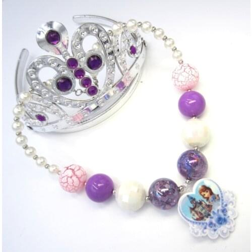 Baby Girls Birthday Gift Princess Sofia Castle Purple Chunky Beads Bubblegum Necklaces Sofia Tiara Crown Hair Wear Jewelry Set