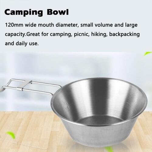 Portable 12 Inch Stainless Steel Bowl Cup Wide Mouth Pot with Foldable Handle Outdoor Camping Picnic Hiking Backpacking Bowl