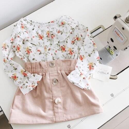 Casual 2PCS Toddler Baby Clothing Sets Girl Autumn Clothes Ruffles Floral printed Tops Blouses and flower Skirts Outfits