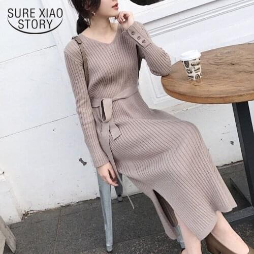 Split Elegant Midi Knitted Dress Autumn Sweater Dress Women V-Neck Bodycon Sexy Vestidos for Women Party Chic New Arrivals 12095