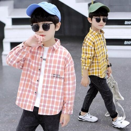 Boys Spring/Autumn Plaid Shirt Childrens Cotton Turn-down Collar Letter Print Casual Blouse Tops 110-160cm Color Pink/Yellow