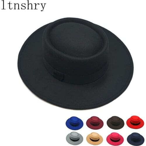 2021 new Winter Autumn Boater Flat Top Hat For Womens man Wide Brim Ladies Fedoras Hat Jazz Cap Classic Bowler Feminino Gorra