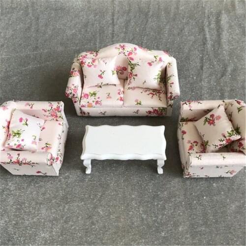 Cute Flower Plaid Mini-Coffee Table Sofa With Pillows Mini Dollhouse Furniture 1:12 Miniature Teatable Kids Pretend Play Toys#p4
