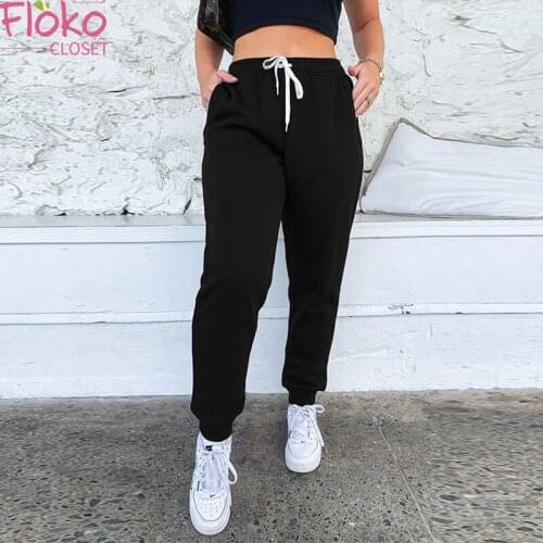 Flokocloset Solid Color Lace Up Sport Sweatpants Women Baggy Pants Joggers Oversized High Waisted Women Trousers Streetwear
