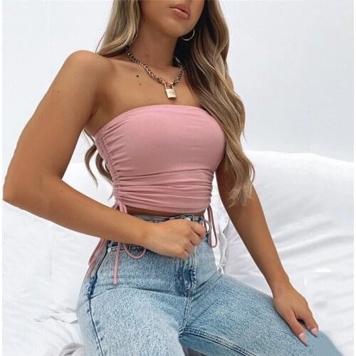 Sexy Tube Top Sleeveless Tops Drawstring Bandage Skinny Vest Summer Fashion Pure Color All-match Backless Short T-shirts Women