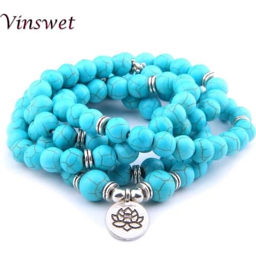 Vinswet 108 Beads Mala Bracelets Green Turquoises Bracelet Women Men Natural Stone Bead Lotus Charm Yoga Bangles Jewelry Gifts
