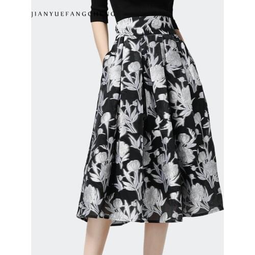 Vintage Embroidery Jacquard Skirt Women' High Waist A-Line Pleated Mid-Length Skirts 2021 Autumn New Elegant Big Swing Bottoms