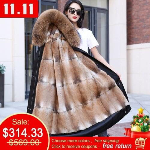 New Real Fur Coat Super Big Raccoon Fur Collar Hood Women Parka 100% Natural Mink Thick Warm Detachable Winter Jacket Detachable