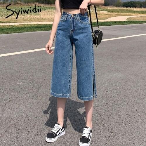 Syiwidii High Waisted Jeans for Women Knee Length Straight Denim Pants Slit Joggers Fashion Clothes Vintage Streetwear Cut 2021
