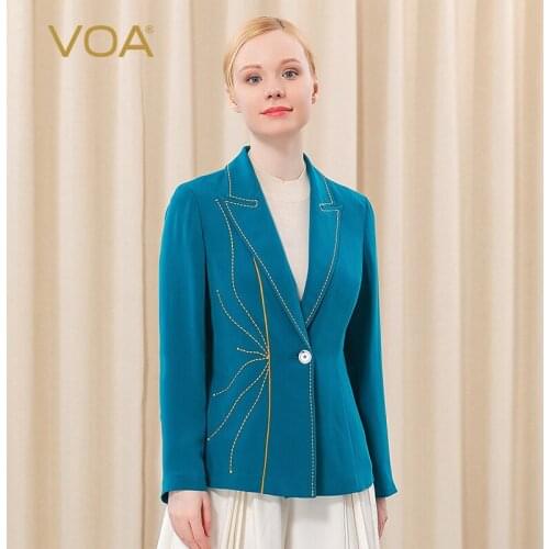 VOA Heavyweight Silk 30m/m Blue Lapel Collar Yellow Decorative Xie Cha Dai Yi Li Kou Long-Sleeved Jackets for Women WE67