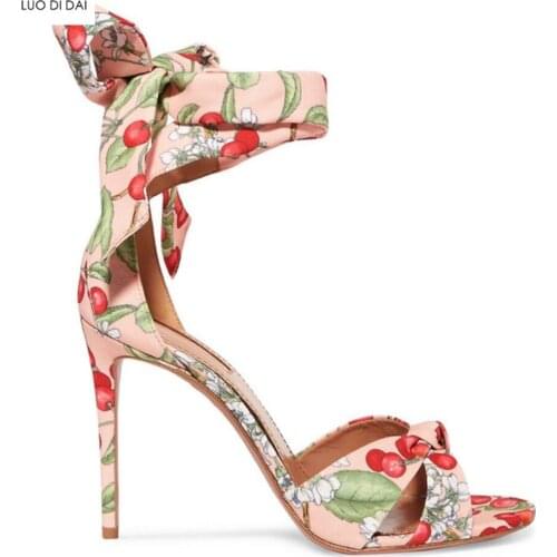 2020 new women fashion party shoes summer gladiator sandals flower print sandals red cherry high heels peep toe lace up sandals