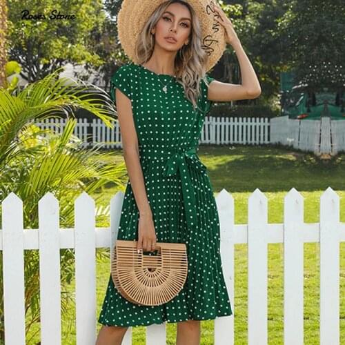 New 2021 Summer Polka Dots Sleeveless Pleated Dresses For Women High Waist Midi Elegant Office Green Lady Dinner Party Clothes
