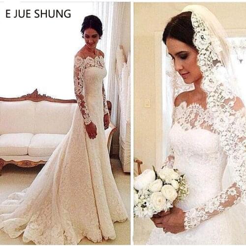 E JUE SHUNG Vintage Lace Long Sleeves Wedding Dresses Off The Shoulder Cheap Wedding Gowns Bride Dresses vestidos de novia