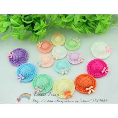 50pcs Assorted Pastel Colors Resin Hat Bead Cabochons Straw Hat Miniature Flat Back Bowknot Embellishment Hairclip Accessory