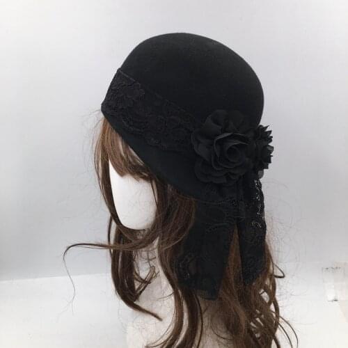 The new lady elegant temperament black flower bud silk wool beret French for wedding Hat women felt hat