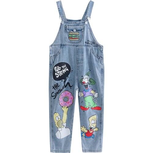 Children Girls Cartoon Print Jeans Jumpsuits 6 8 10 12 years Spring Autumn Fashion Overalls