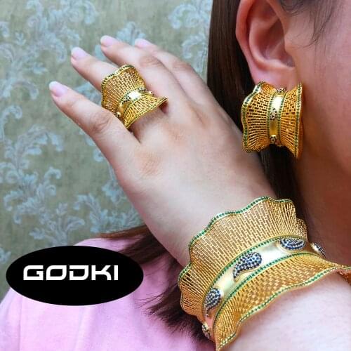 GODKI Luxury Hollow Lace 3PCS Bracelet Ring Earring Set For Women Wedding Bridal Zircon African/Indian/Dubai Bridal Jewelry Set