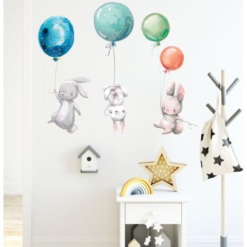 Colorful Balloon Wall Stickers For Kids Room Decoration Grey Rabbits Bedroom Kids Room Nursery Decorative Wall Decal Home Decor