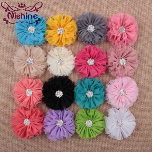 Nishine 30pcs/lot 2.8" Shabby Chiffon Flower With Rhinestone Button For Girl Headband Hair Clip DIY Fashion Hair Accessories