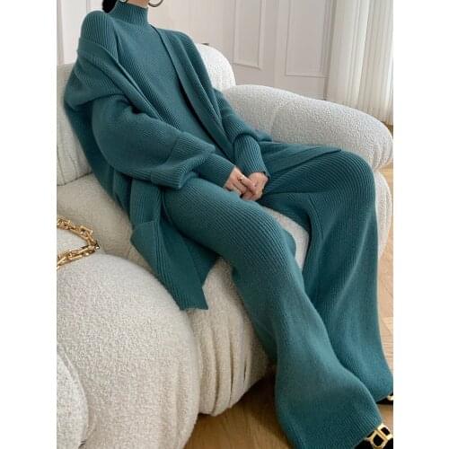 2021 Autumn Qinter New Three-piece Suit Ladies Celebrity Temperament Thick Knitted Wide-leg Pants