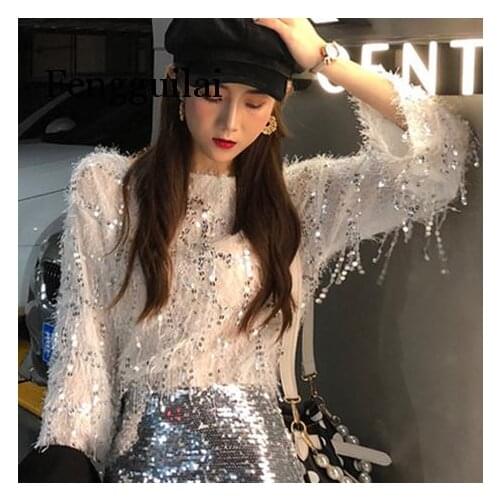 New Tassels Sequin Long Sleeve shirt High Waist Bling Sequined Skirt Chic 2 piece Set Spring Skirt Set