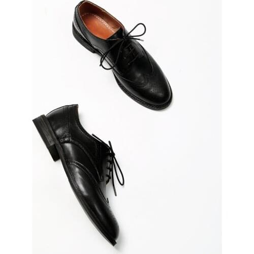 Oxfords Women Calfskin Genuine Leather Lace-Up Ladies Brogue Flat Shoes Derby Shoes Womens Shoes Retro Brock