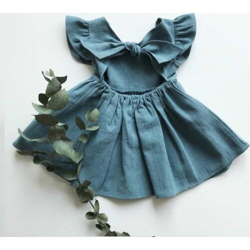 Backless Girls Dress Summer Cotton Linen Fashion Toddler Outfit Elastic Waist Qaulity Children Kids Clothes