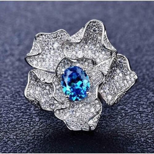 Luxury Charm Flower Ring Inlay Oval Blue Crystal Shiny Small Zircon Fashion Exaggeration Jewelry For Women Engagement Party