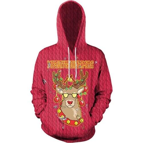Christmas Hooded Pullover Funny 3D Print Elk Christmas Sweatshirt Mens Womens Loose Hoodies Ugly Elk Hoodie Couple Clothes