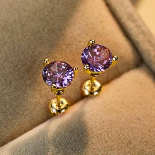 8MM Round Multicolor Zircon Yellow Gold Three Prong Stud Earrings for Women Vintage Fashion Spiral Earrings Rainbow CZ Jewelry