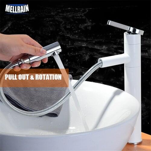 Brass material polished and white paint fashion tall design bathroom basin mixer faucet pull out and rotation water mixer