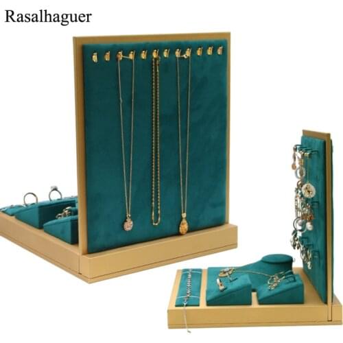 Top 6 in 1 Set Necklace Bracelet Ring For Counter Jewellry Dispaly Jewelry Earring Holder Ornament Display Stand Green Microfibe