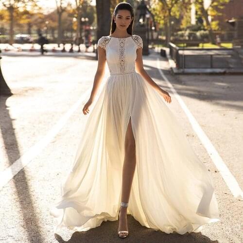 Vintage Boho Wedding Dresses Chiffon Lace Beach Slit Short Sleeves V-Back Bride Dress Bridal Gowns Bohemian Elegant Sweep Train