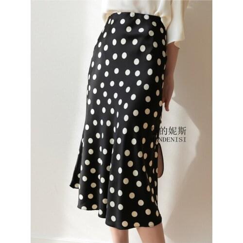 Womens 92% Mulberry Silk 8% Spandex Satin Silk Black Dots Printed Fishtail Midi Pencil Long Skirt M154