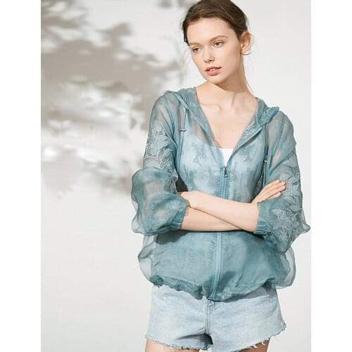 100% Silk Jacket Women Printed Heavy Industry Embroidery Design Hooded Jacket Zipper Casual Sunscreen Clothing New Fashion