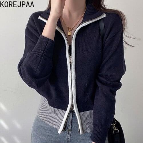 Korejpaa Women Jacket 2021Korean Fashion Early Autumn Double Zipper Design Color Blocking Loose Long Sleeve Knit Cardigan Top