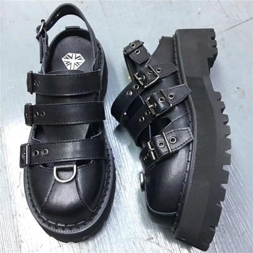 2020 New Japanese Retro Punk Style Multi Buckle Lolita Goth Shoes Womens Hollow Sandals Thick Soled Dark Lolita Gothic Shoes