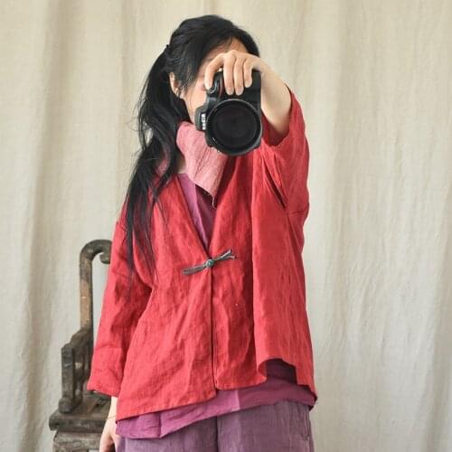 Women Linen Shirts V-Neck Tops Three Quarter Sleeve Button Clothes 2021 Autumn New Solid Color Vintage Chinese Style Caridigan