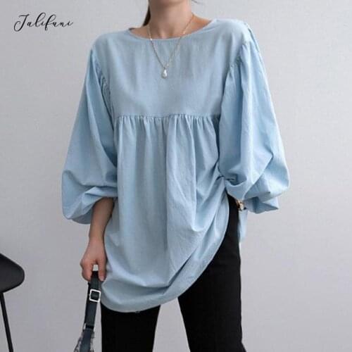 Women Vintage Casual Solid Blouse 2021 Autumn Asymmetric Hem Cotton Tops Long Sleeve O Neck Pleated Patchwork Loose Tops New