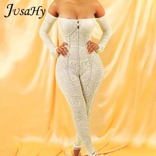 JuSaHy Aesthetic Print Jumpsuit for Women Y2K Fashion Slash Neck Full Sleeves Little Hollow Out Bodycon Outfits Autumn Clothing