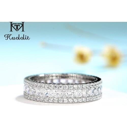 Kuololit Solid 14K 10K White Gold Ring for Women Channel Set Princess Cut Moissanite Eternity Full Eternity Band Engagement