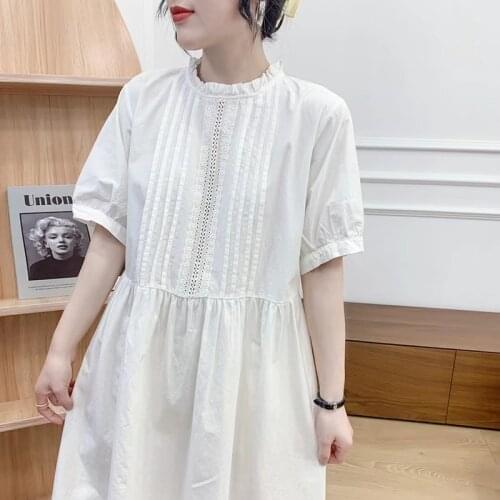 Lamtrip Unique French Style Ruffled Collar Half Sleeve White Pleated Elegant Dress Cotton Korean Chic Robe 2021 Summer